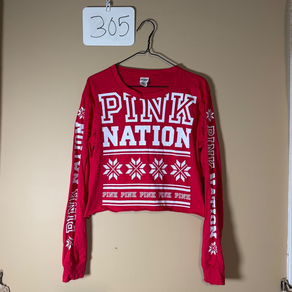 Victorias Secret PINK Nation Red Snowflake Crop Long Sleeve Shirt Medium